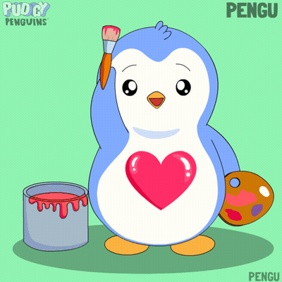 Penguin Holding Brush And Palette With Pink Heart GIF