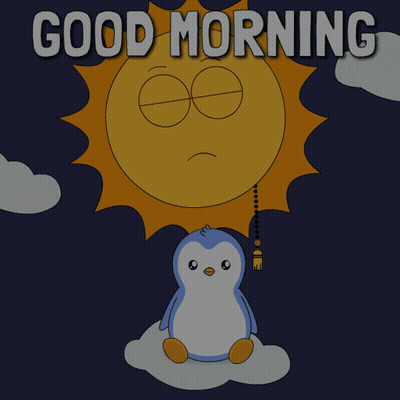 Penguin Holding Brush In Front Of Sun Saying Good Morning GIF