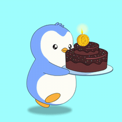 Penguin Holding Cake With Candle And Coin GIF