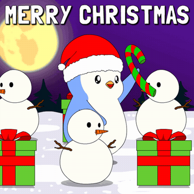 Penguin Holding Candy Cane Surrounded By Snowmen And Gifts Merry Christmas GIF
