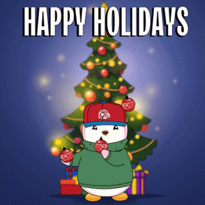 Penguin Holding Christmas Ornaments Saying Happy Holidays GIF