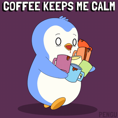 Penguin Holding Coffee Cups Saying Coffee Keeps Me Calm GIF