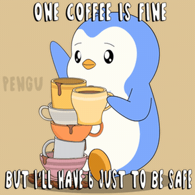 Penguin Holding Coffee Cups Saying One Coffee Is Fine But I'll Have 6 GIF