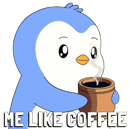 Penguin Holding Coffee Saying Me Like Coffee Sticker