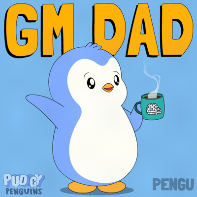 Penguin Holding Cup Saying Gm Dad GIF