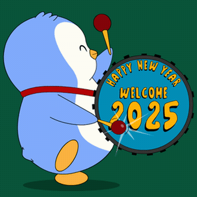Penguin Holding Drum Saying Welcome 2025 GIF