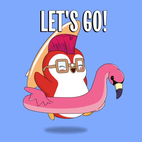 Penguin Holding Flamingo Float Let's Go GIF