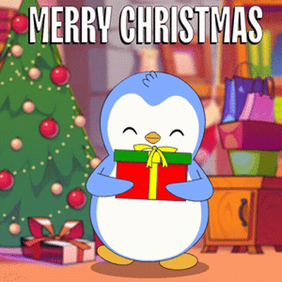 Penguin Holding Gift Box Saying Merry Christmas GIF