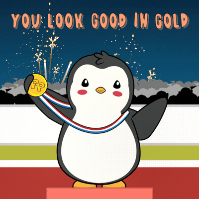Penguin Holding Gold Medal Saying You Look Good In Gold GIF