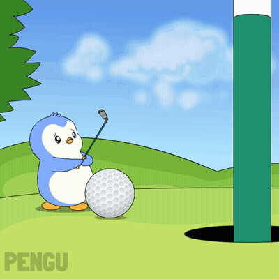Penguin Holding Golf Club Next To Golf Ball GIF