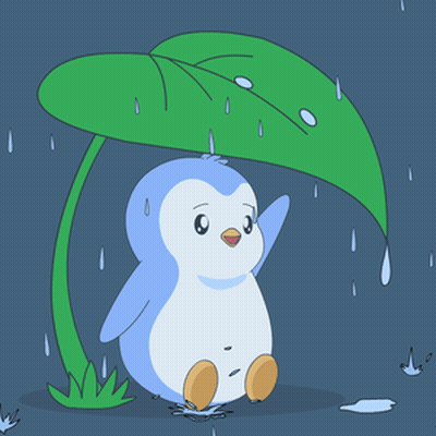 Penguin Holding Green Leaf In Rain Saying Pengy GIF