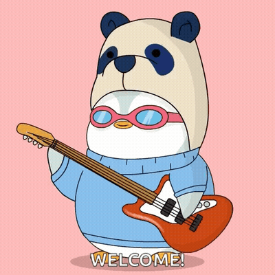 Penguin Holding Guitar Saying Welcome GIF