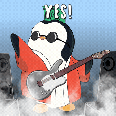 Penguin Holding Guitar With Sunglasses And Crown Saying Yes GIF