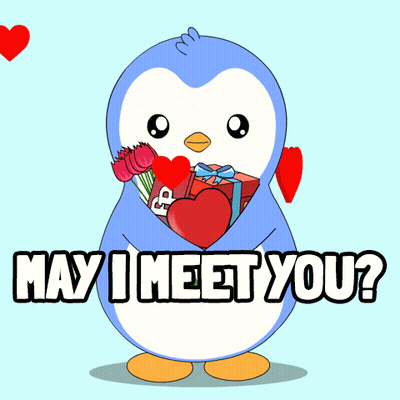Penguin Holding Heart And Flowers Saying May I Meet You GIF