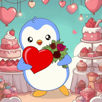 Penguin Holding Heart And Flowers With Cakes And Cupcakes GIF