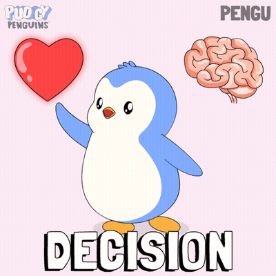 Penguin Holding Heart Beside Brain Saying Decision GIF