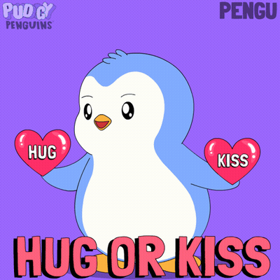 Penguin Holding Heart Saying Hug And Kiss GIF