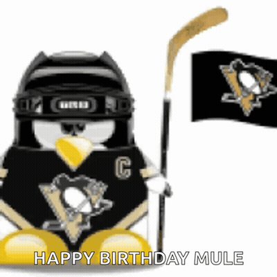 Penguin Holding Hockey Stick And Happy Birthday Mule Flag GIF