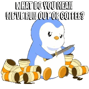 Penguin Holding Knife Surrounded By Coffee Cups Sticker