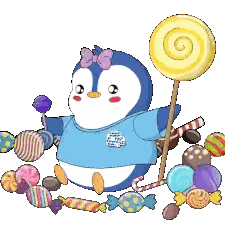 Penguin Holding Lollipop Surrounded By Candies Sticker