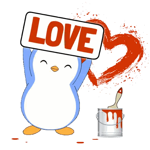 Penguin Holding Love Sign Beside Painted Heart Sticker