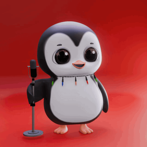 Penguin Holding Microphone With Christmas Lights GIF