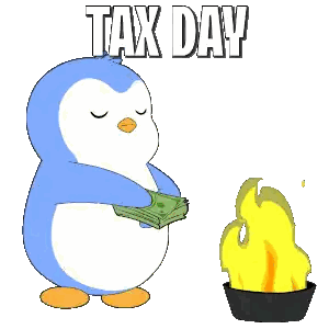 Penguin Holding Money Next To Fire Tax Day Sticker