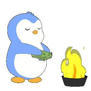 Penguin Holding Money Next To Fire Sticker