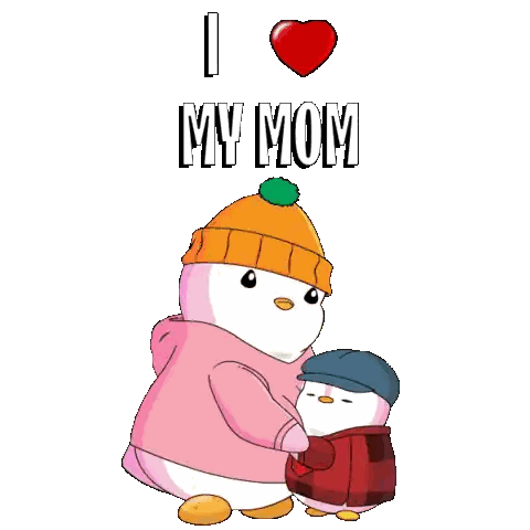 Penguin Holding Penguin With I Love My Mom Sticker