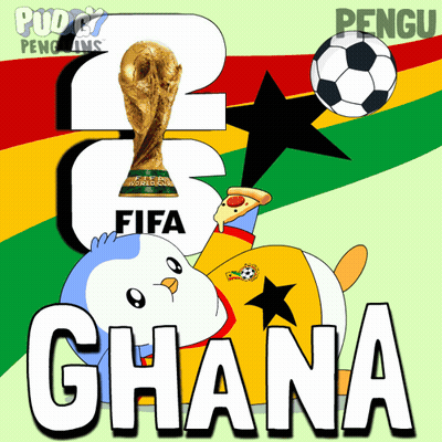 Penguin Holding Pizza And Soccer Ball With Word Ghana GIF