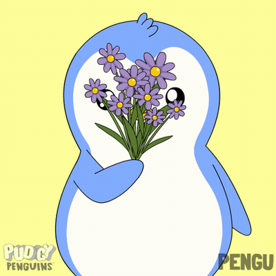 Penguin Holding Purple Flowers Puddy Penguins GIF