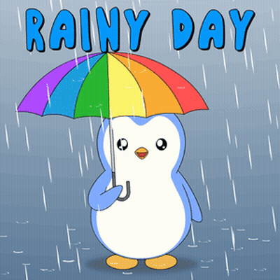 Penguin Holding Rainbow Umbrella In Rain GIF