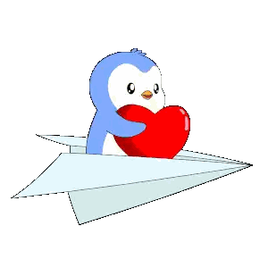 Penguin Holding Red Heart On Paper Plane Sticker