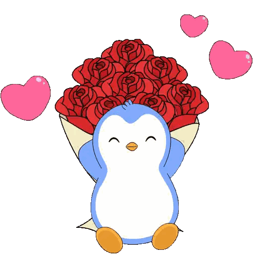 Penguin Holding Red Roses Bouquet Sticker
