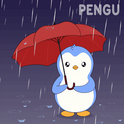 Penguin Holding Red Umbrella In Rain With Word Pengu GIF