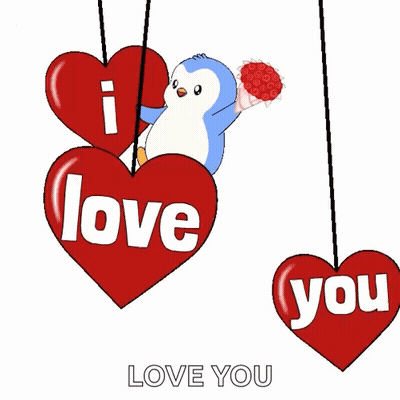 Penguin Holding Roses Hanging From Heart Saying I Love You GIF