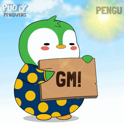 Penguin Holding Sign Saying GM GIF