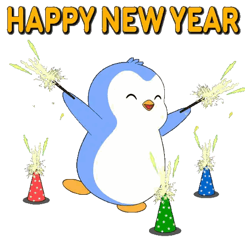 Penguin Holding Sparklers In Front Of Happy New Year Sign Sticker