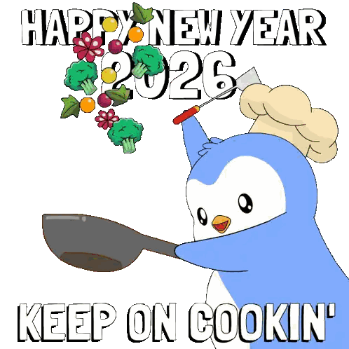 Penguin Holding Spatula Saying Happy New Year Keep On Cookin Sticker