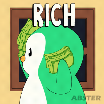 Penguin Holding Stack Of Money Saying Rich GIF