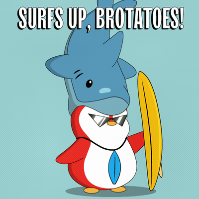 Penguin Holding Surfboard Saying Surfs Up Brotatoes GIF