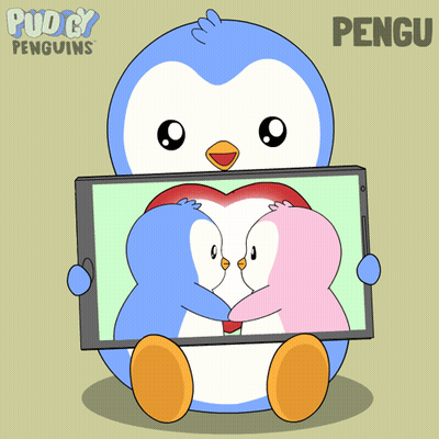 Penguin Holding Tablet With Two Penguins Kissing GIF