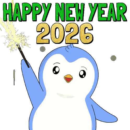 Pingüino sosteniendo una varita frente a fuegos artificiales de Feliz Año Nuevo 2026 Sticker