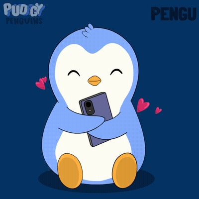 Penguin Hugging Cell Phone With Hearts And Word Pengu GIF