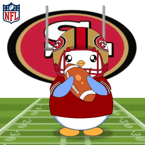 Penguin In 49Ers Uniform Holding Football Sticker