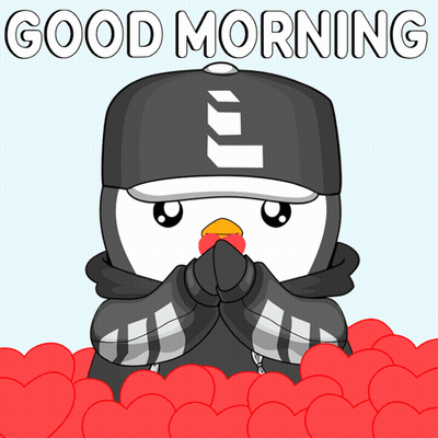Penguin In Baseball Cap With Letter L Saying Good Morning Surrounded By Red Hearts GIF