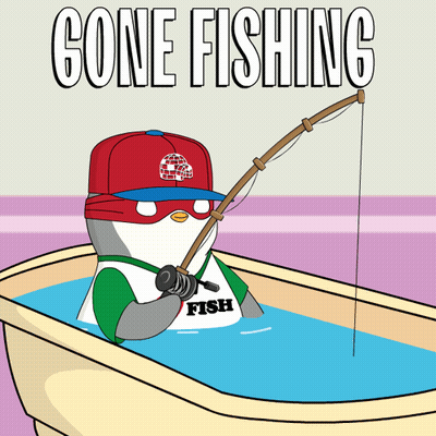 Penguin In Bathtub Holding Fishing Rod GIF
