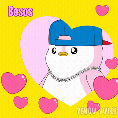 Penguin In Blue Hat And Chain Surrounded By Hearts GIF