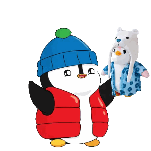 Penguin In Blue Hat And Red Vest Holding Polar Bear Sticker