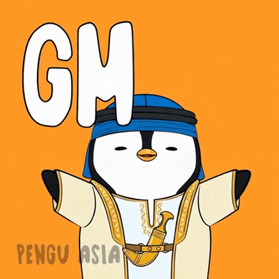Penguin In Blue Hat And White Shirt Saying Gm GIF